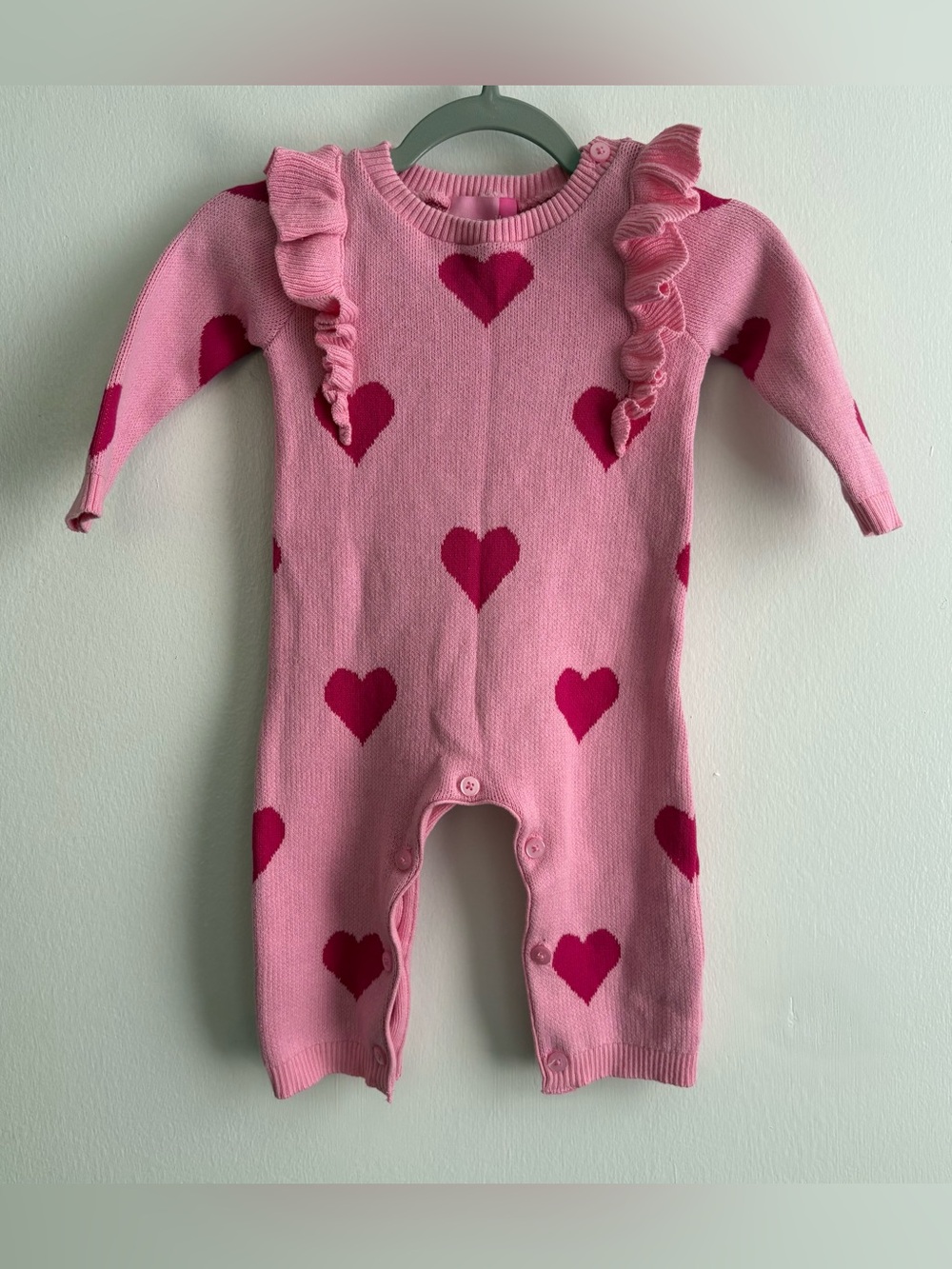 Good Lad Pink Knit Hearts Ruffle Coverall Sweater One-Piece Long Sleeve 12M